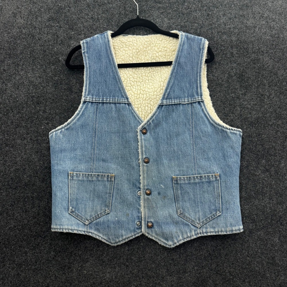 Vintage 70s Nelson Denim Sherpa Lined Vest Mens Large Blue Western Cowboy Snap